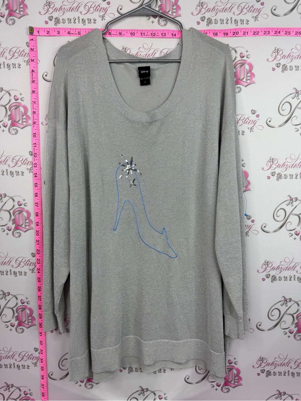 Disney Cinderella sweater Silver Glitter Long Sleeve Top with Blue Shoe Appliqué